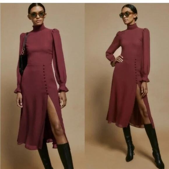 Reformation Dresses & Skirts - Reformation Stevie Midi Dress Claret Burgundy Mock Neck Side Slit Georgette‎ NWT